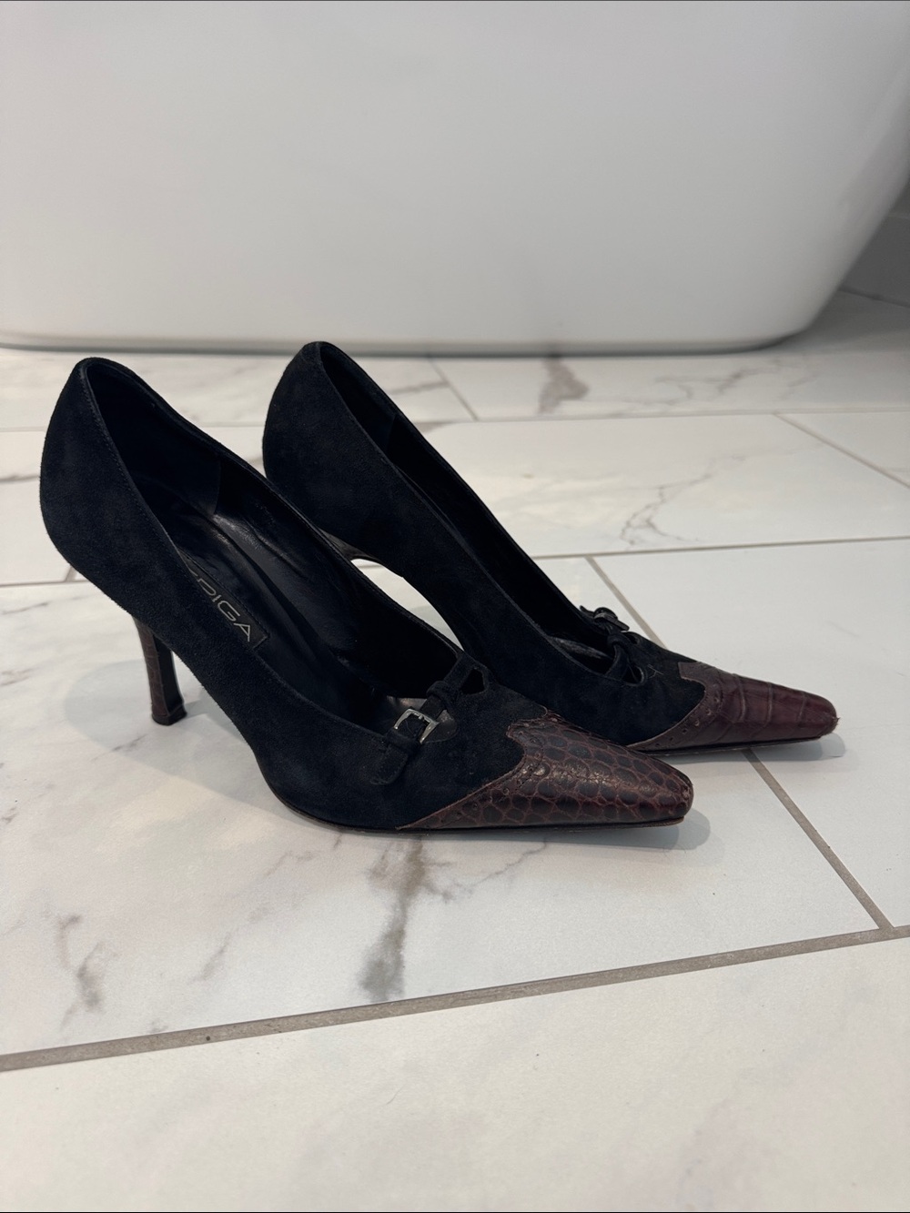 Black Suede Pointed Toe Heels with Brown Croc Accent - Women